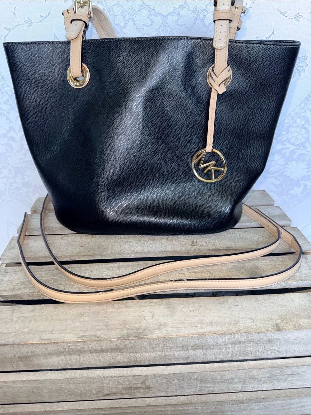 Michael Kors Bedford Medium Pocket Tote Black Saffiano Leather Tan Straps